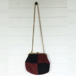 Vintage Genuine Suede Mod Checker 60’s Maroon Block Purse Mid-Century Clasp Bag